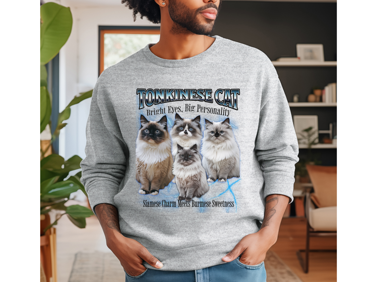 Unisex Tonkinese Cat Bootleg Collage Sweatshirt – “Bright Eyes, Big Personality” Retro Graphic Cat Lover Pullover