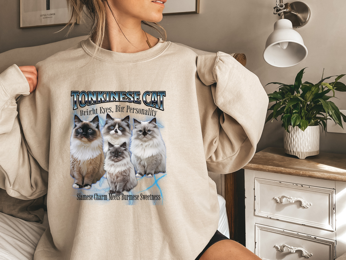 Unisex Tonkinese Cat Bootleg Collage Sweatshirt – “Bright Eyes, Big Personality” Retro Graphic Cat Lover Pullover