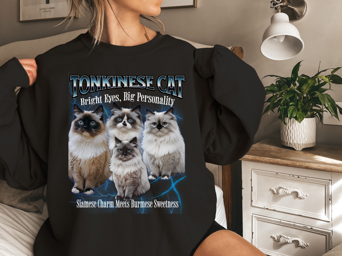 Unisex Tonkinese Cat Bootleg Collage Sweatshirt – “Bright Eyes, Big Personality” Retro Graphic Cat Lover Pullover