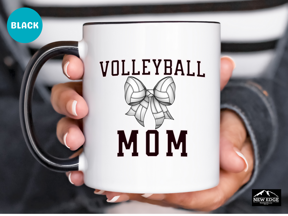 Volleyball Mom Letters Coffee Mug with Volleyball Coquette Bow – 11oz & 15oz Accent Mug – Cute Sports Mom Gift for Volleyball Moms