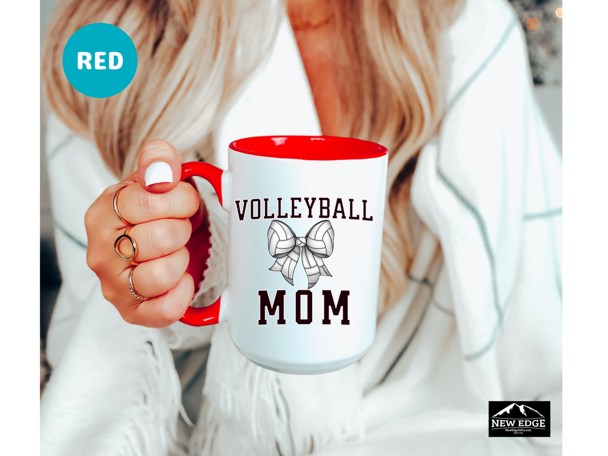 Volleyball Mom Letters Coffee Mug with Volleyball Coquette Bow – 11oz & 15oz Accent Mug – Cute Sports Mom Gift for Volleyball Moms