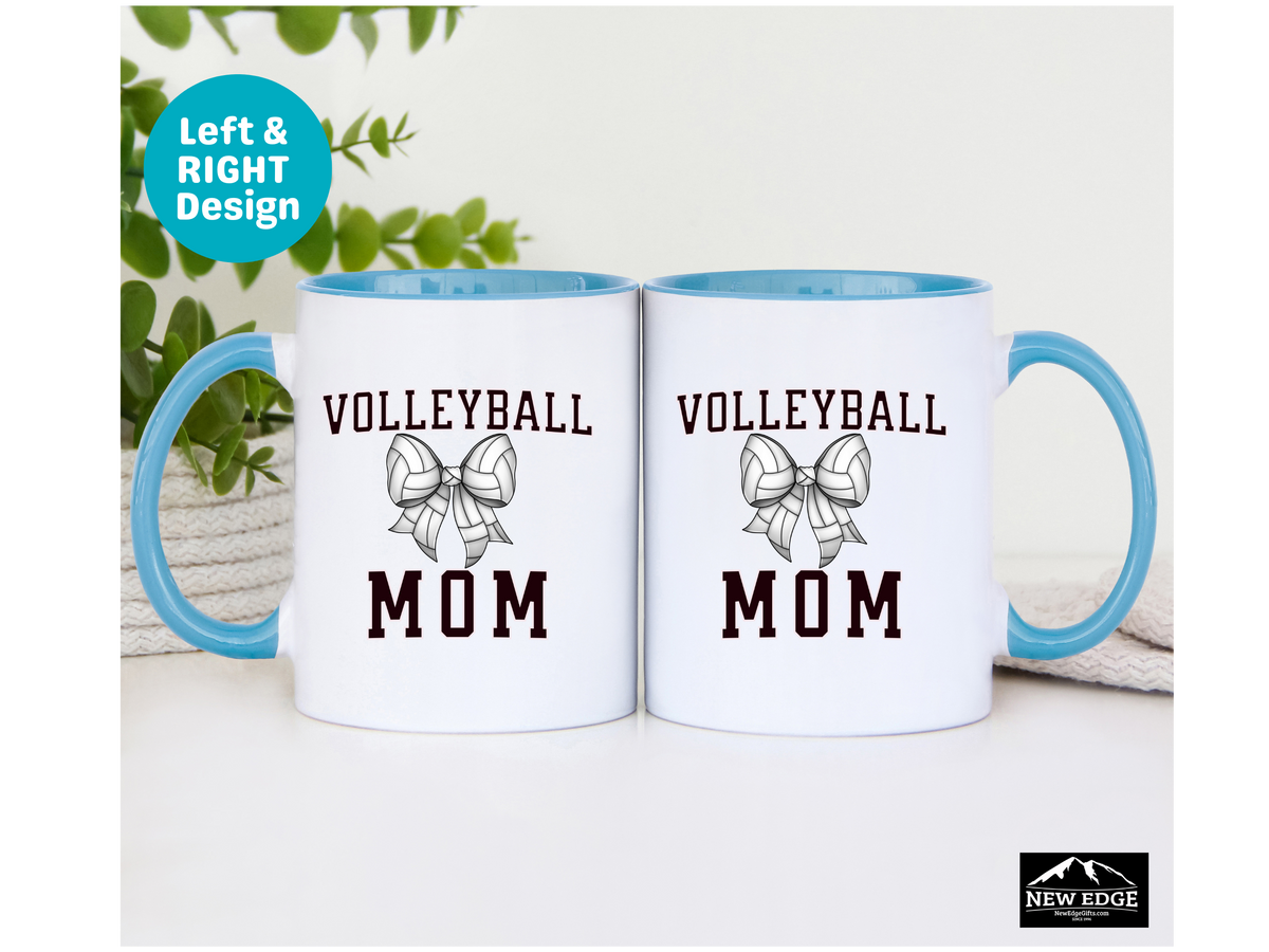 Volleyball Mom Letters Coffee Mug with Volleyball Coquette Bow – 11oz & 15oz Accent Mug – Cute Sports Mom Gift for Volleyball Moms