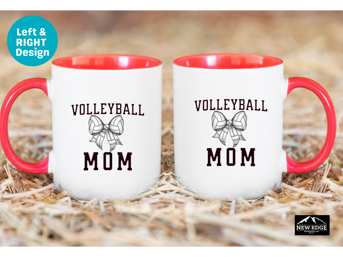 Volleyball Mom Letters Coffee Mug with Volleyball Coquette Bow – 11oz & 15oz Accent Mug – Cute Sports Mom Gift for Volleyball Moms