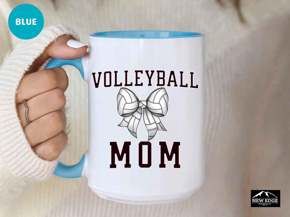 Volleyball Mom Letters Coffee Mug with Volleyball Coquette Bow – 11oz & 15oz Accent Mug – Cute Sports Mom Gift for Volleyball Moms