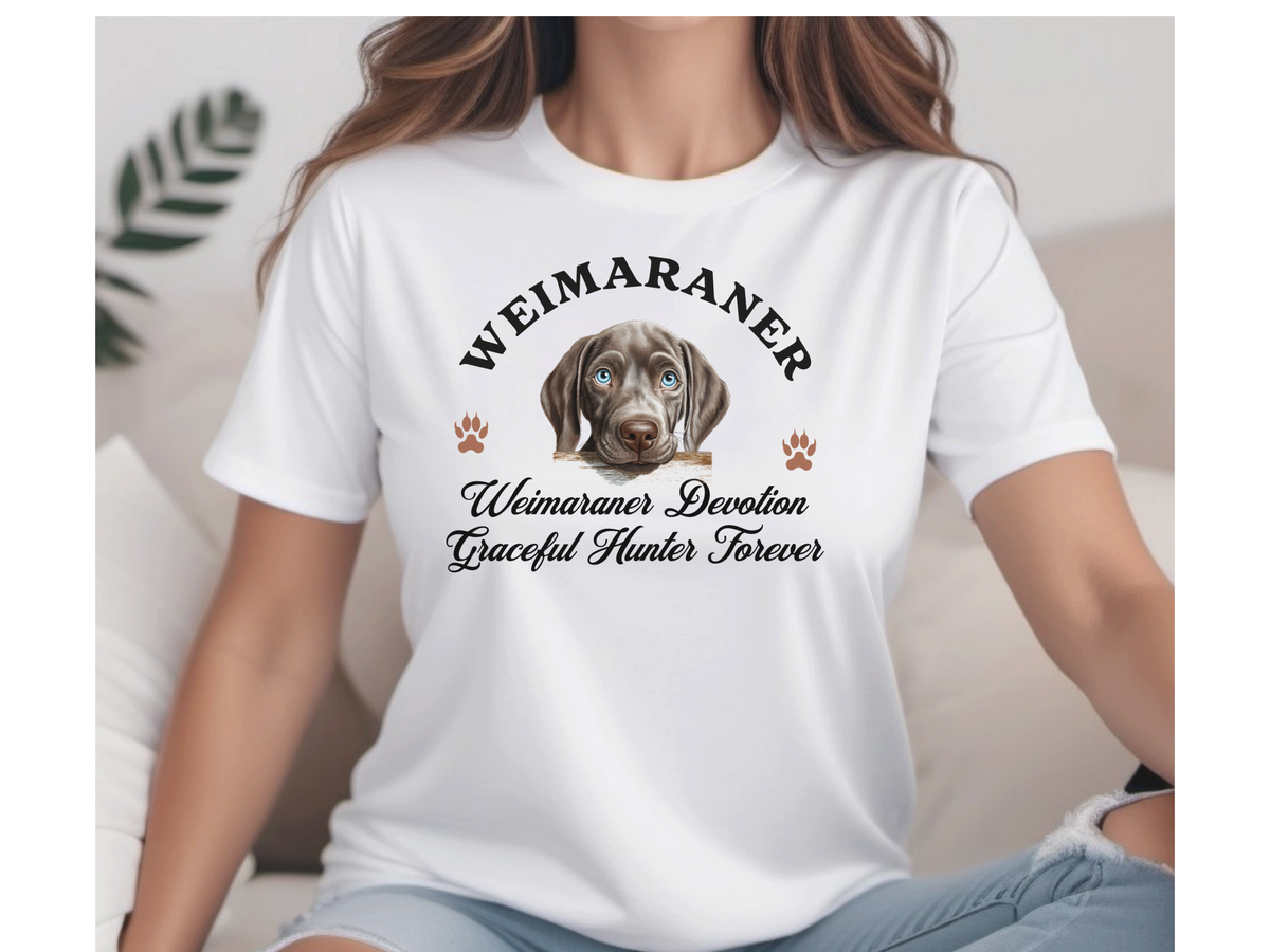 Weimaraner T-Shirt – Unisex Tee with “Devotion & Graceful Hunter Forever” Slogan | Elegant Dog Lover Gift