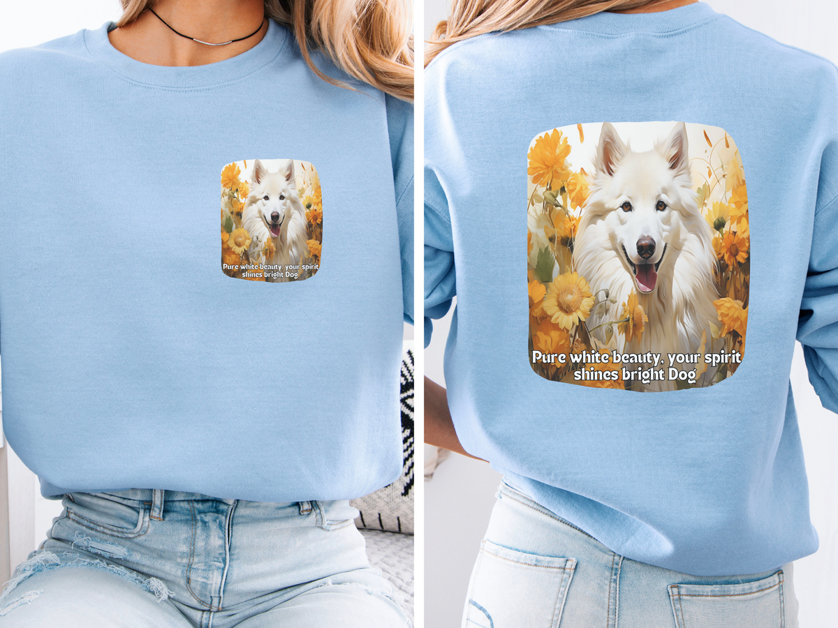 White Eskimo Dog Spirit Sweatshirt - 'Pure White Beauty, Your Spirit Shines Bright' - Sunflower & Dog Lover Hoodie (Front & Back Print)"