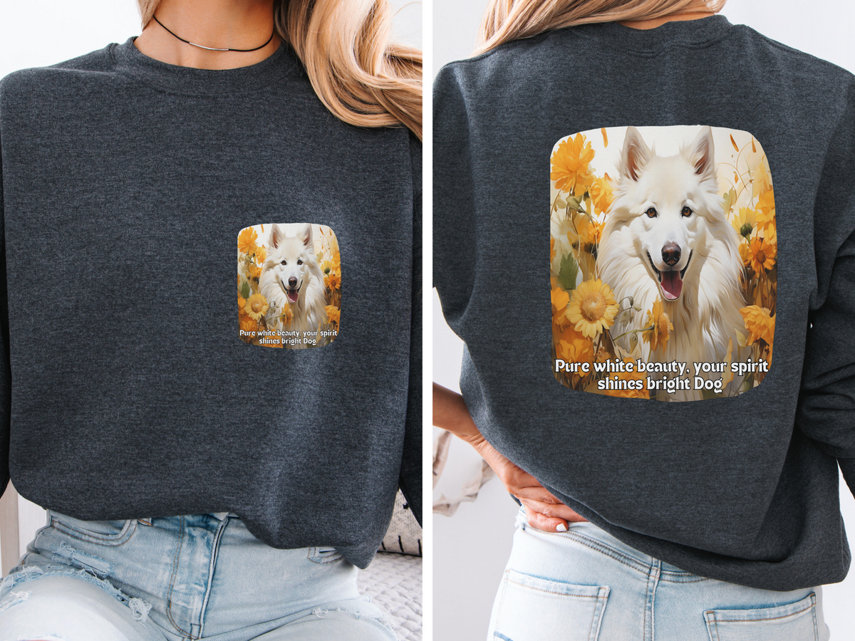 White Eskimo Dog Spirit Sweatshirt - 'Pure White Beauty, Your Spirit Shines Bright' - Sunflower & Dog Lover Hoodie (Front & Back Print)"