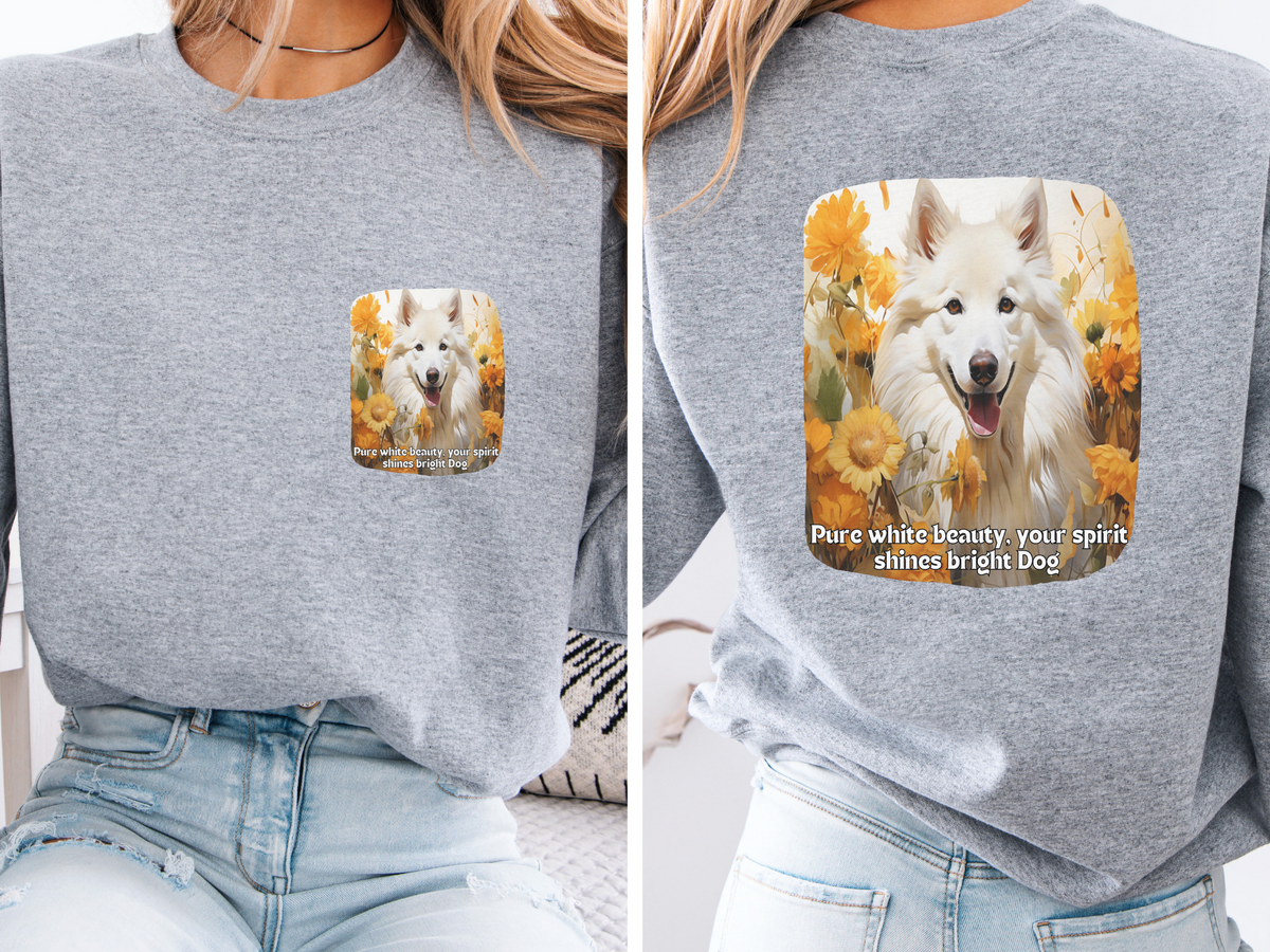White Eskimo Dog Spirit Sweatshirt - 'Pure White Beauty, Your Spirit Shines Bright' - Sunflower & Dog Lover Hoodie (Front & Back Print)"