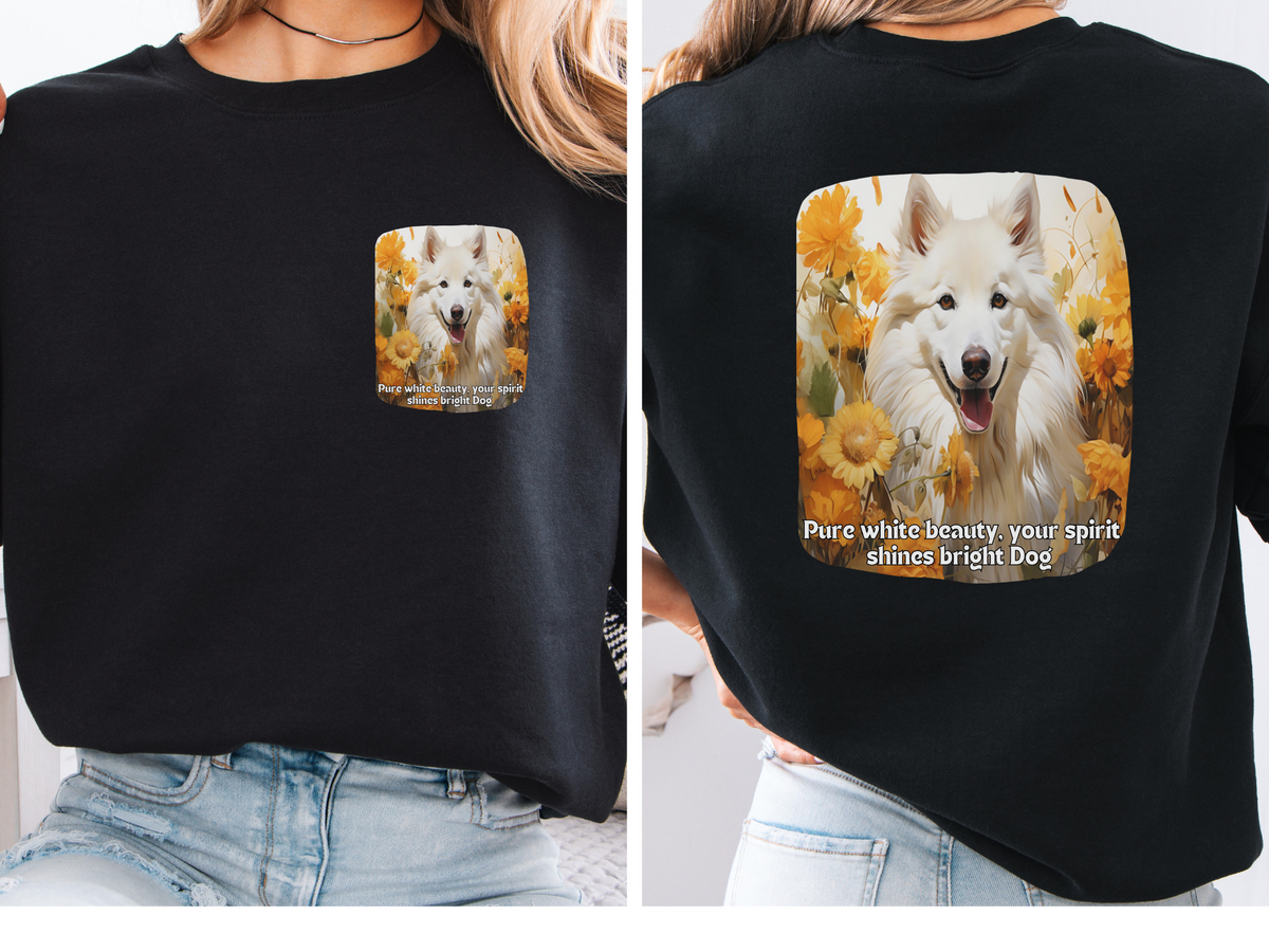 White Eskimo Dog Spirit Sweatshirt - 'Pure White Beauty, Your Spirit Shines Bright' - Sunflower & Dog Lover Hoodie (Front & Back Print)"