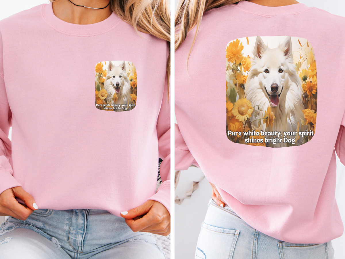 White Eskimo Dog Spirit Sweatshirt - 'Pure White Beauty, Your Spirit Shines Bright' - Sunflower & Dog Lover Hoodie (Front & Back Print)"