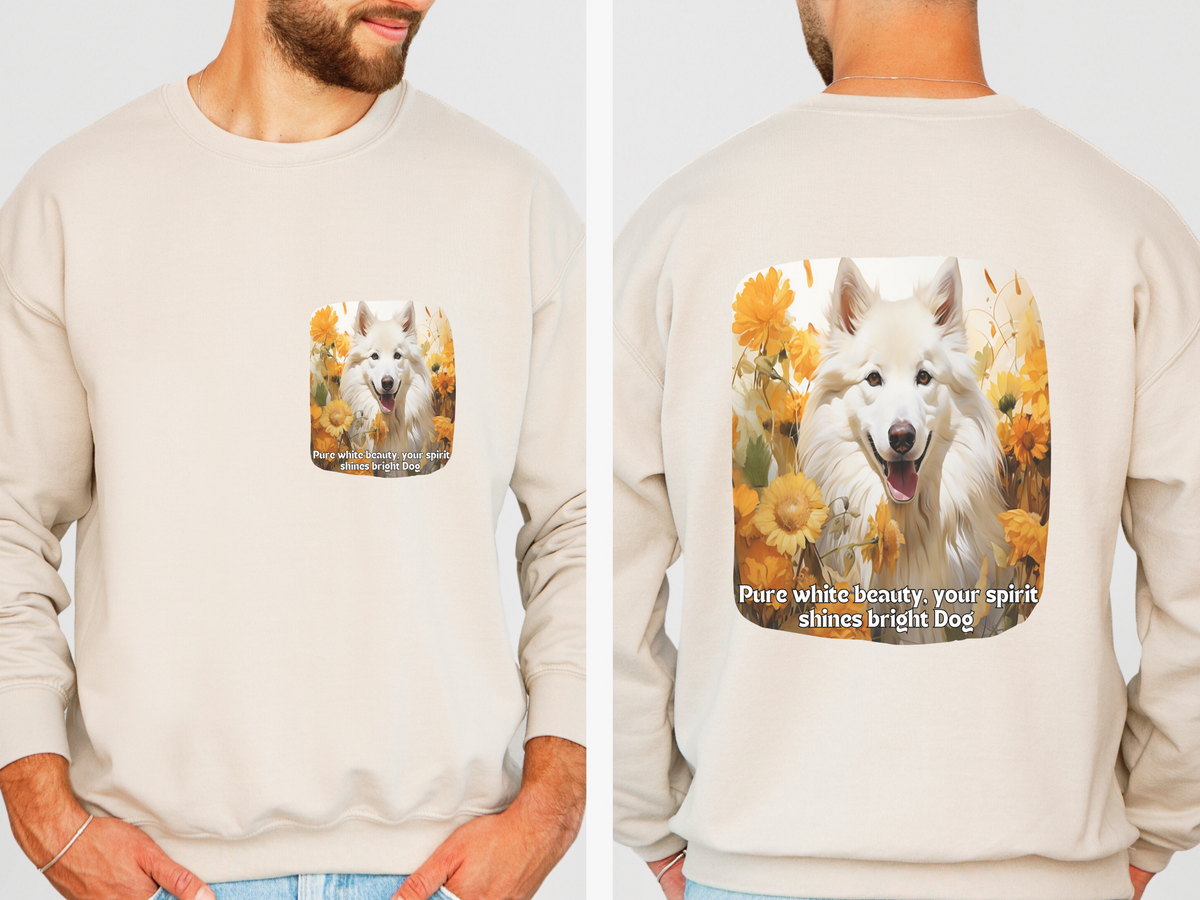 White Eskimo Dog Spirit Sweatshirt - 'Pure White Beauty, Your Spirit Shines Bright' - Sunflower & Dog Lover Hoodie (Front & Back Print)"