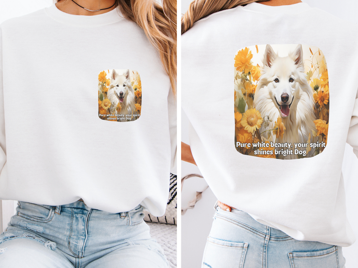 White Eskimo Dog Spirit Sweatshirt - 'Pure White Beauty, Your Spirit Shines Bright' - Sunflower & Dog Lover Hoodie (Front & Back Print)"