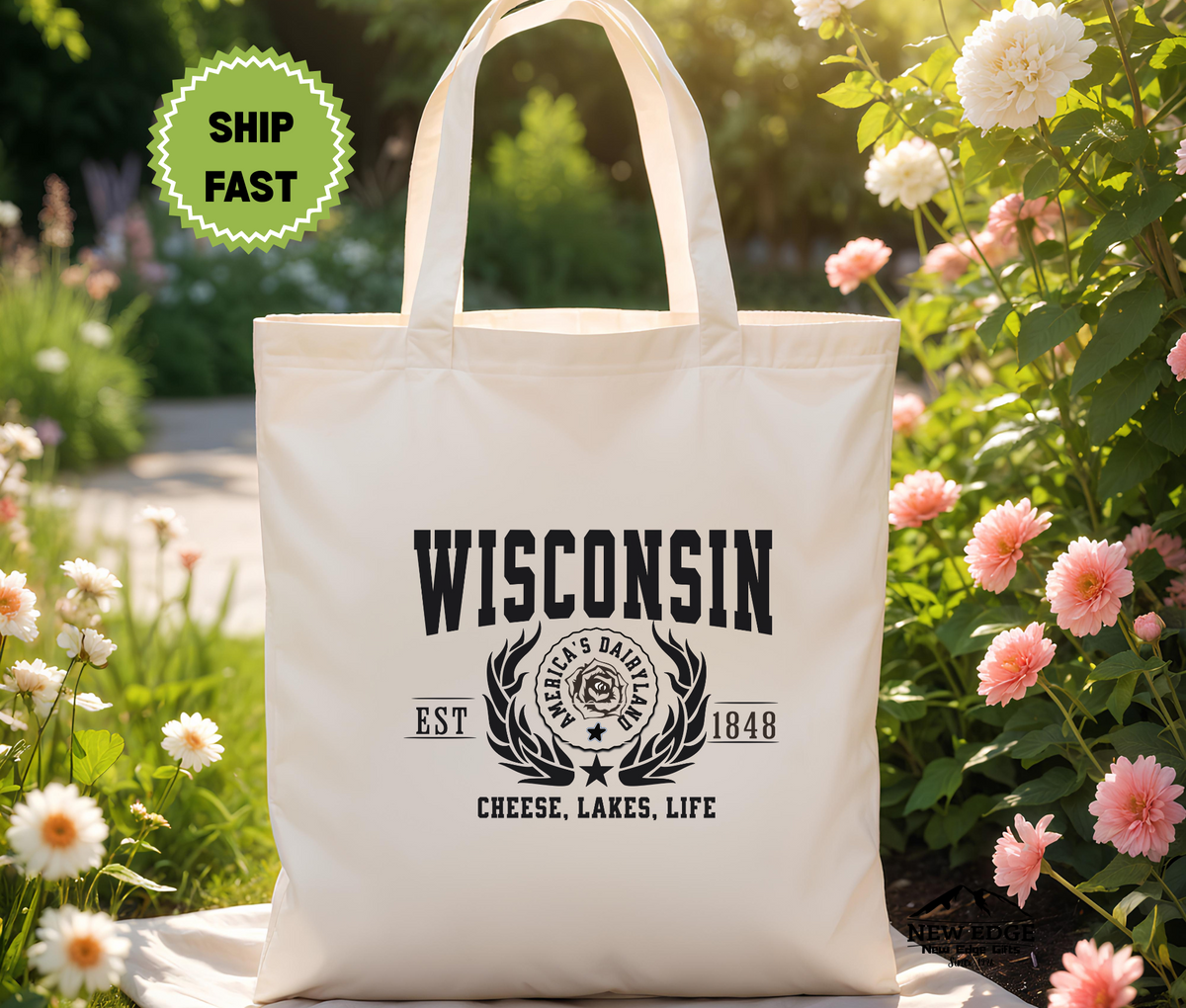 Wisconsin State Cheese, Lakes, Life Cotton Canvas Tote Bag – Eco-Friendly Reusable Shopping Tote, Travel Gift & Dairyland State Pride Bag