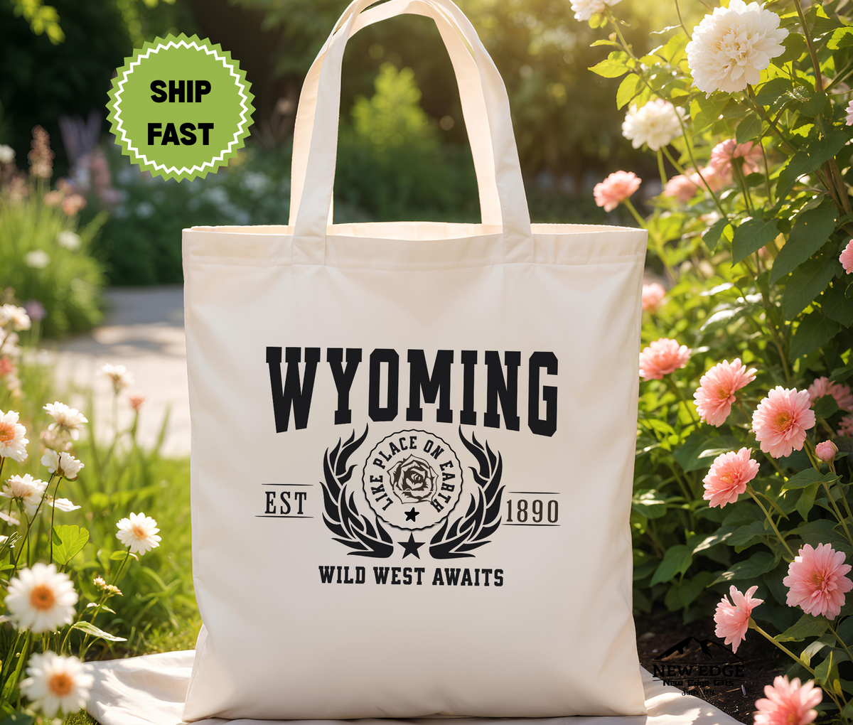 Wyoming State Wild West Awaits Cotton Canvas Tote Bag – Eco-Friendly Reusable Shopping Tote, Travel Gift & Cowboy State Pride Souvenir