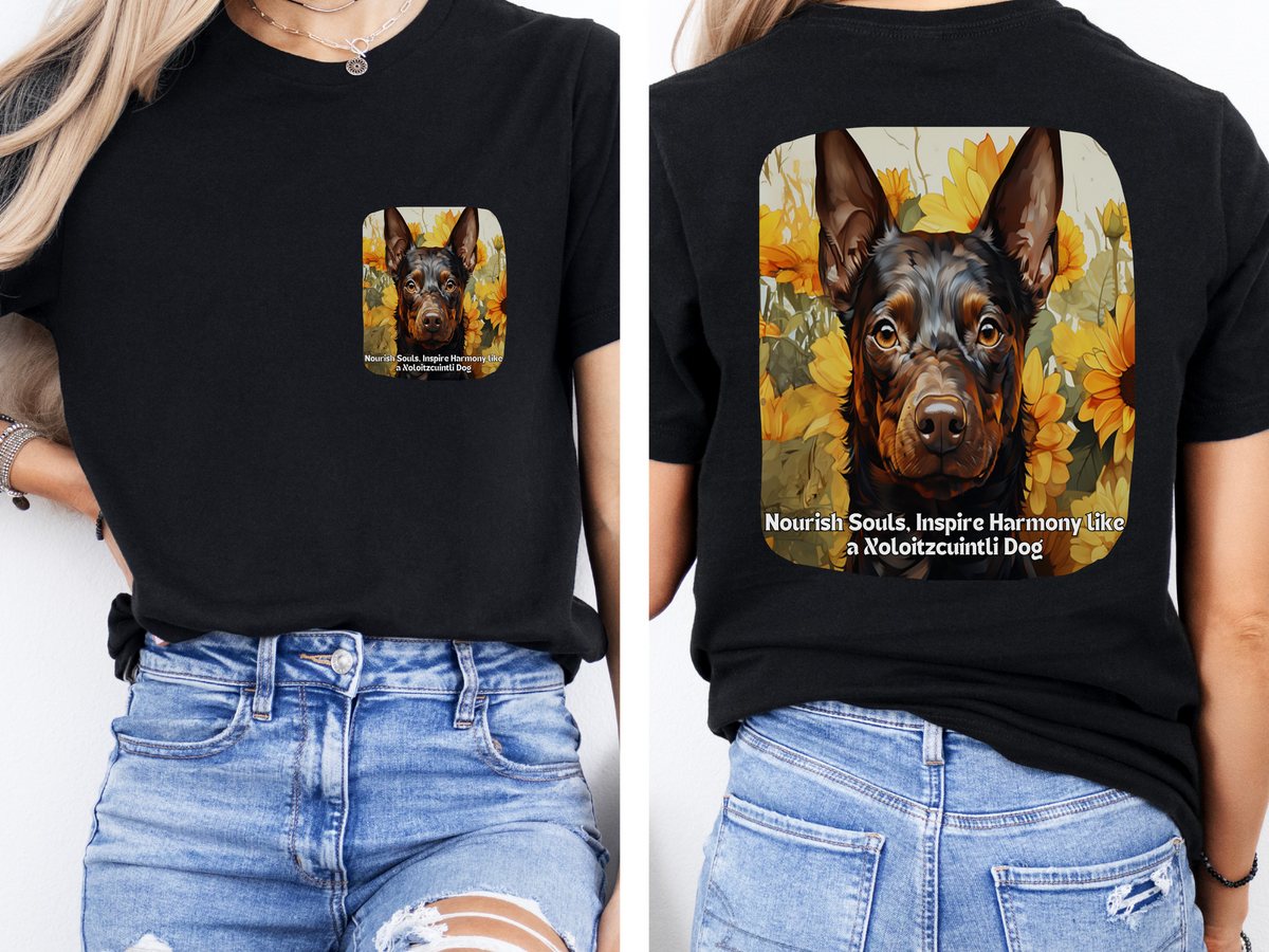 Xoloitzcuintli Sunflower Tee – 'Nourish Souls, Inspire Harmony' Front & Back Design