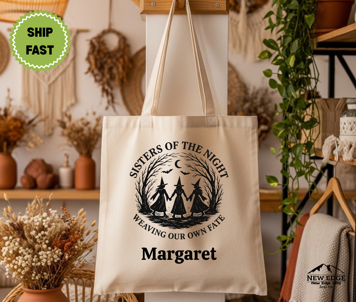 Personalized Halloween Tote Bag – Three Witches with Slogan “Sisters of the Night Weaving Our Own Fate” Cotton Canvas Bag