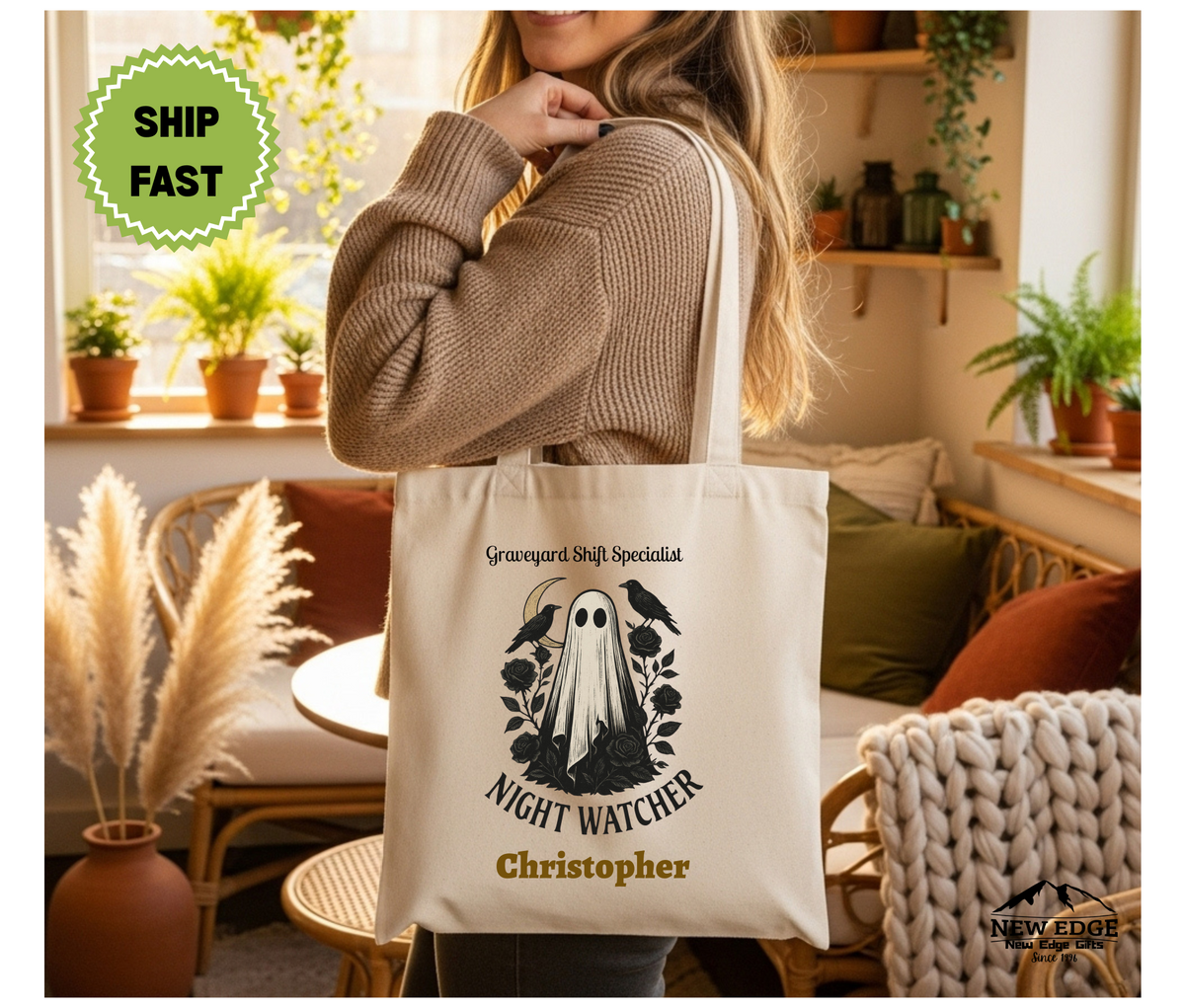 Personalized Halloween Tote Bag – Ghost with Black Flowers & Crows, “Night Watcher Graveyard Shift Specialist” Cotton Canvas Bag