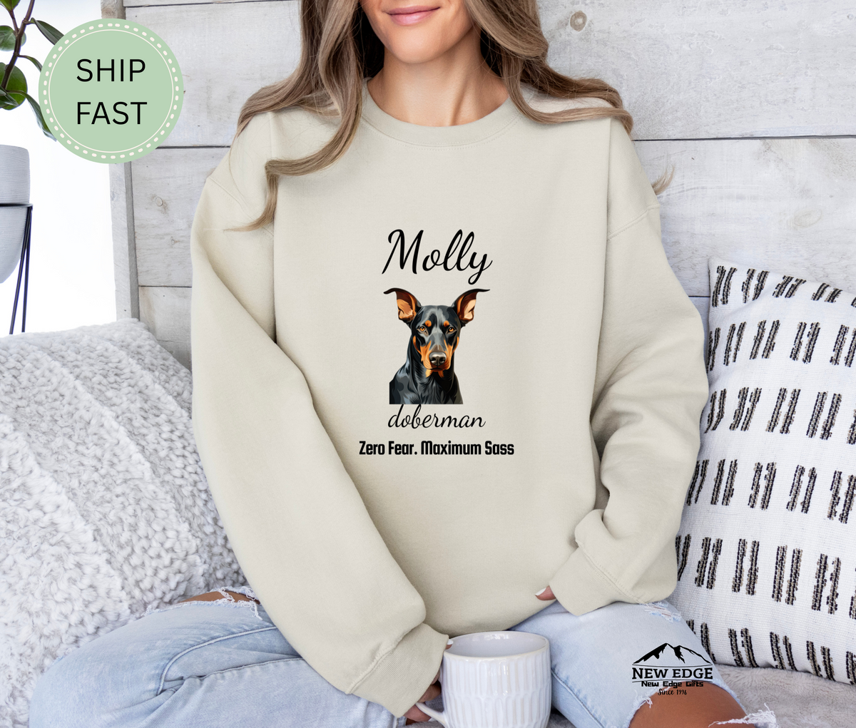 Doberman “Zero Fear. Maximum Sass” Personalized Unisex Sweatshirt | Custom Dog Breed Gift for Dog Lovers