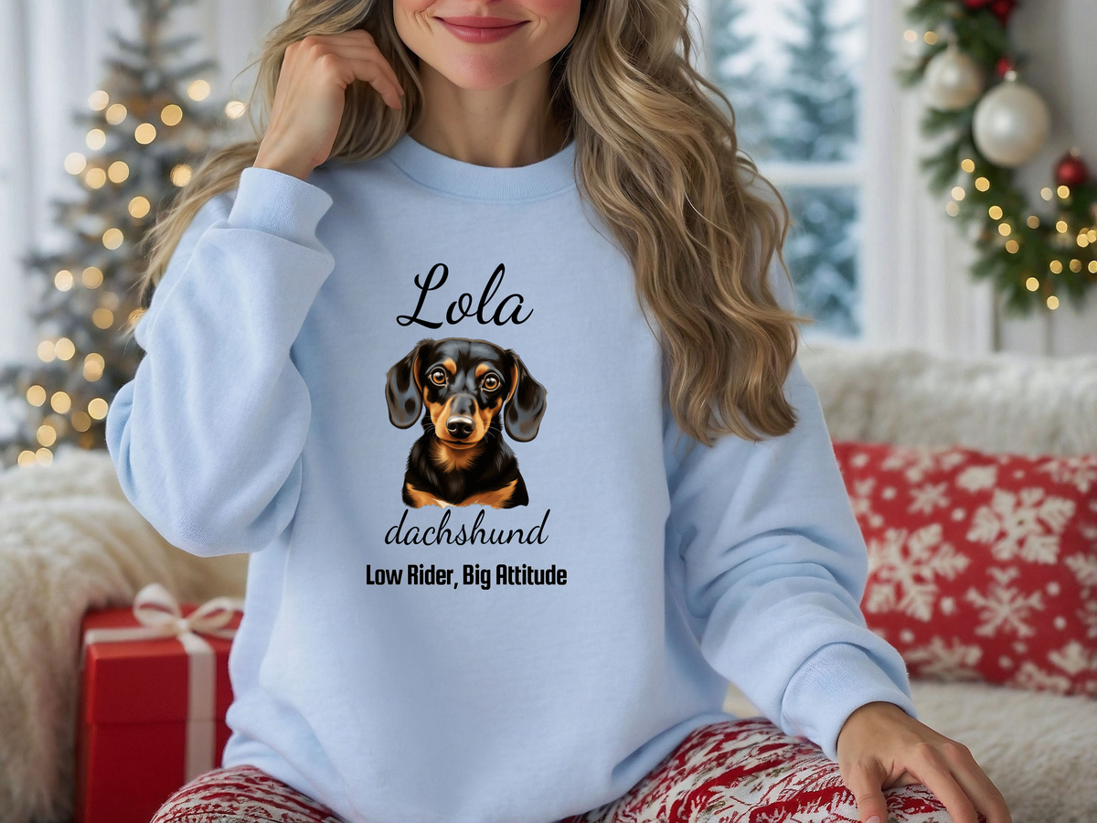 Dachshund “Low Rider, Big Attitude” Personalized Unisex Sweatshirt | Custom Dog Breed Gift for Dog Lovers