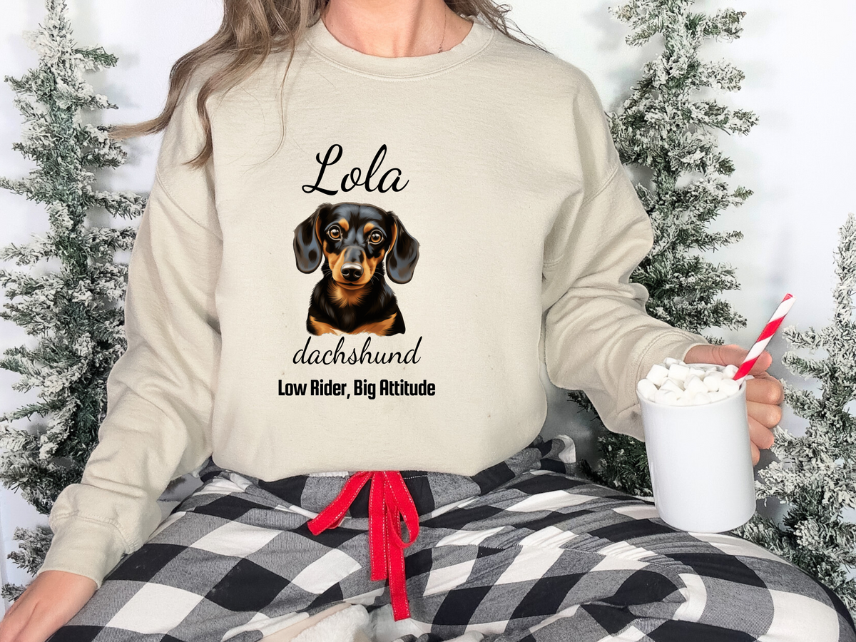 Dachshund “Low Rider, Big Attitude” Personalized Unisex Sweatshirt | Custom Dog Breed Gift for Dog Lovers