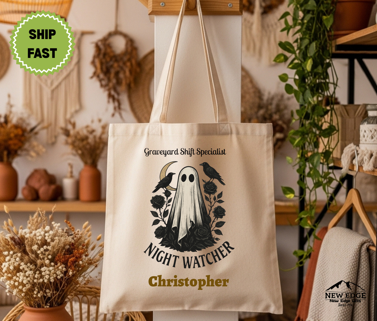 Personalized Halloween Tote Bag – Ghost with Black Flowers & Crows, “Night Watcher Graveyard Shift Specialist” Cotton Canvas Bag