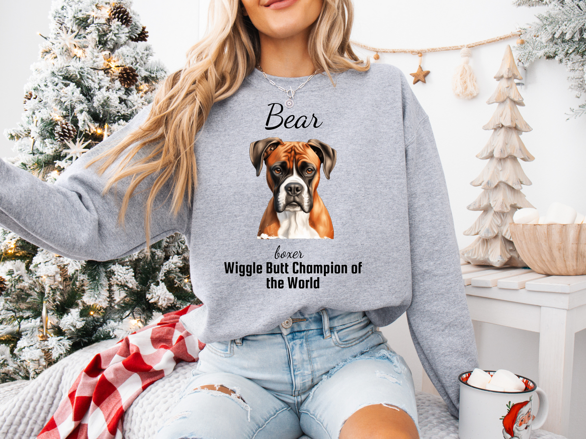 Personalized Boxer Dog Sweatshirt – “Wiggle Butt Champion of the World” | Custom Unisex Christmas Gift, Funny Dog Lover Sweatshirt, Pet Gift for Him or Her