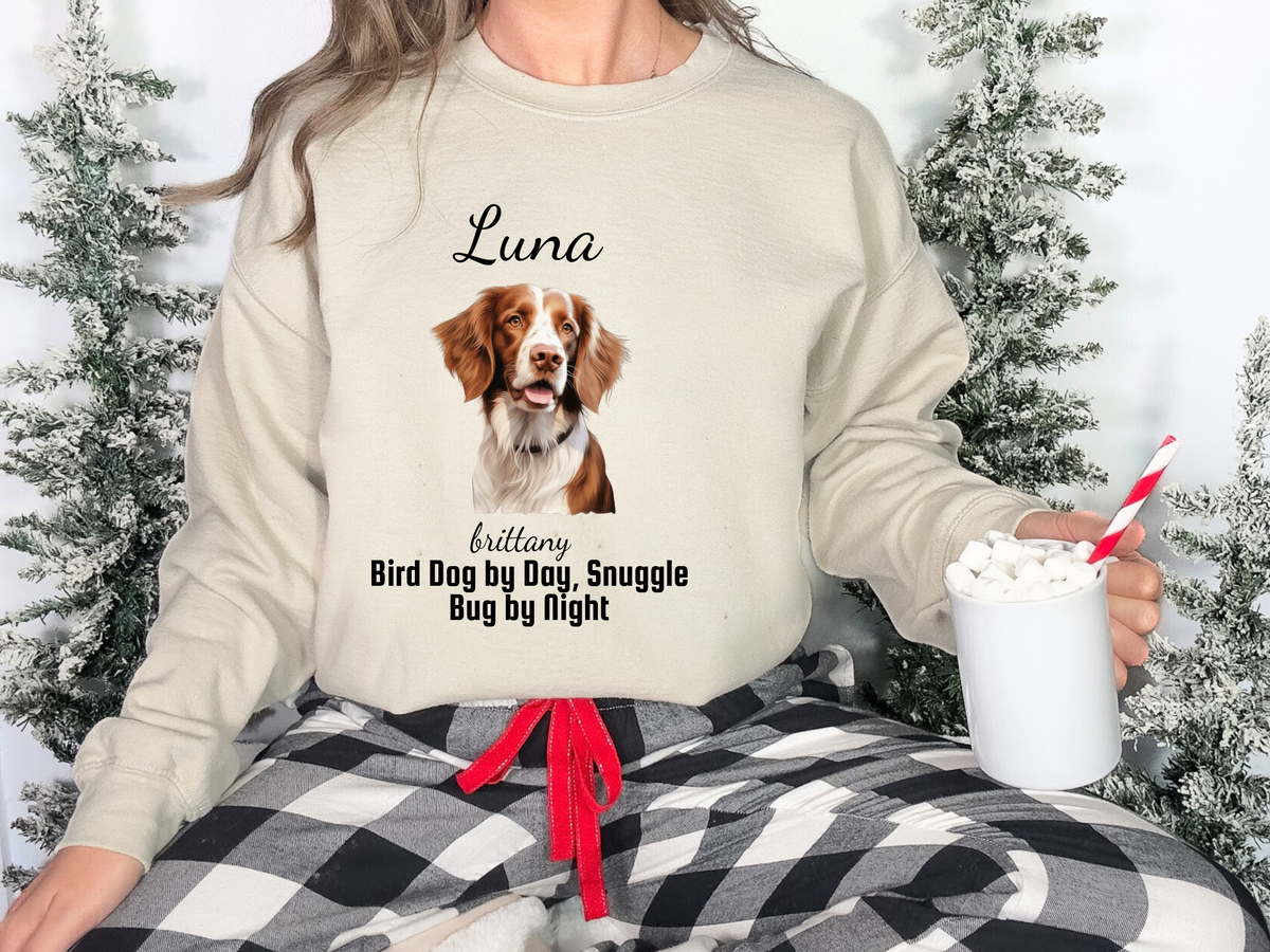 Personalized Brittany Dog Sweatshirt – “Bird Dog by Day, Snuggle Bug by Night” | Custom Unisex Christmas Gift, Funny Dog Lover Sweatshirt, Pet Gift for Him or Her