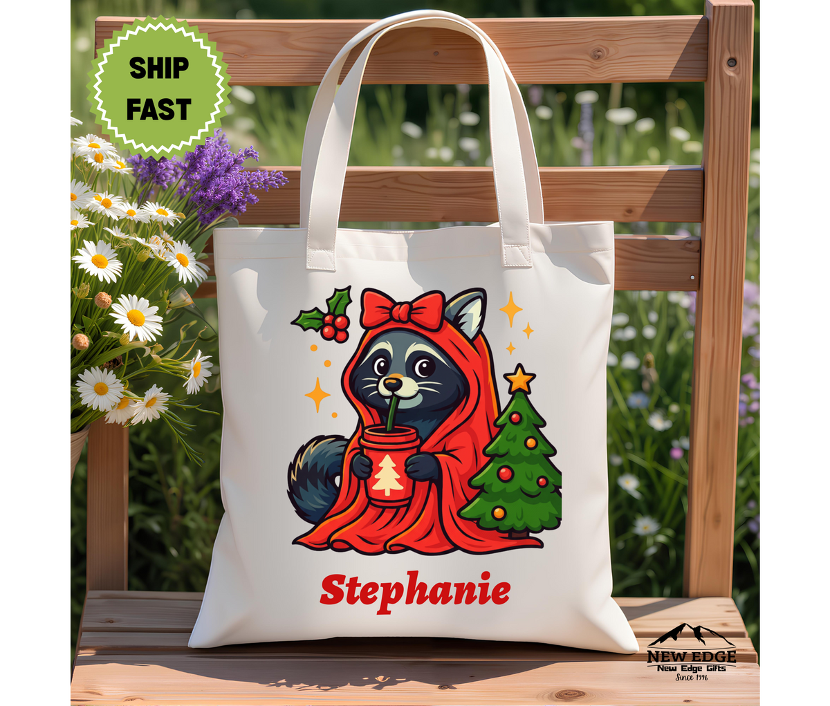 Personalized Christmas Tote Bag – Cute Raccoon in Orange Hooded Robe with Bow by Christmas Tree, Cotton Canvas Shopping Bag