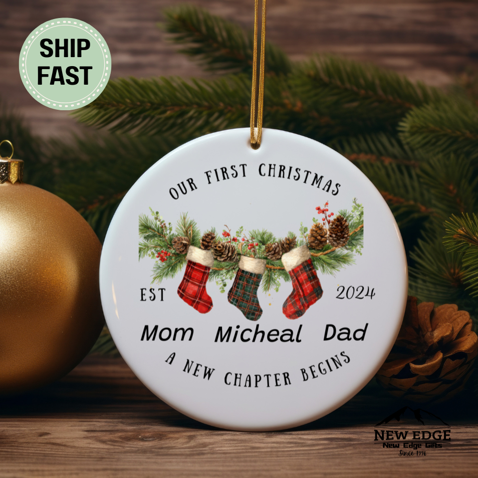 Our First Christmas Ornament EST 2024 – Family of Three Personalized Ornament – Mom, Dad & Child Keepsake – A New Chapter Begins
