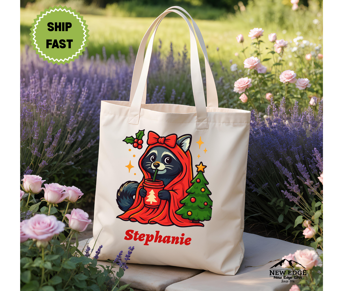Personalized Christmas Tote Bag – Cute Raccoon in Orange Hooded Robe with Bow by Christmas Tree, Cotton Canvas Shopping Bag