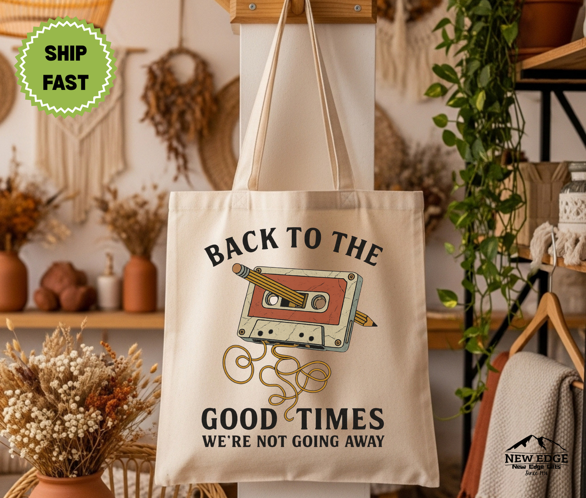 Retro Cassette Tape Tote Bag – “Good Times We’re Not Going Away” Cotton Canvas Reusable Bag, Vintage Music Lover Gift, 80s Aesthetic Bag