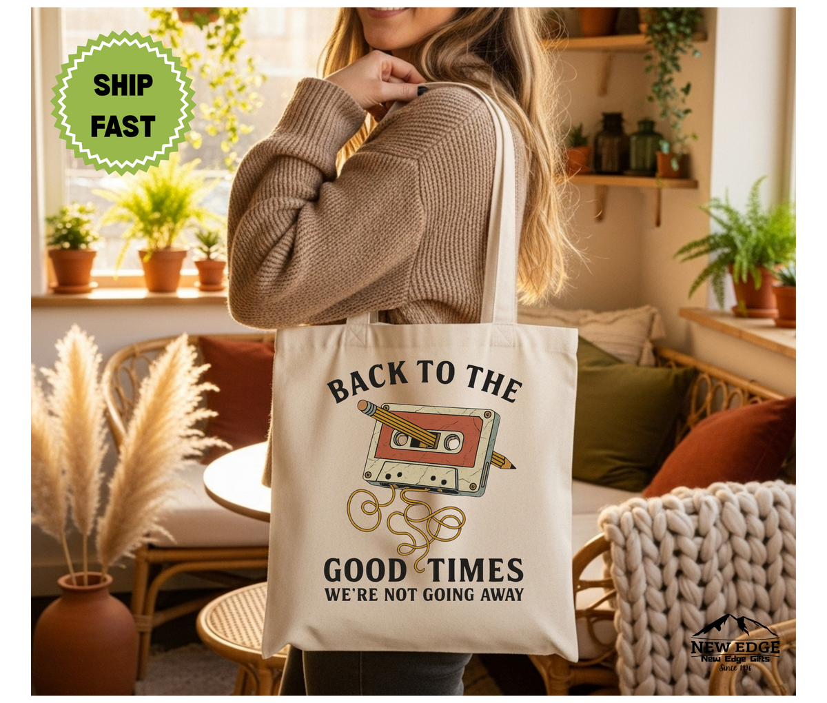 Retro Cassette Tape Tote Bag – “Good Times We’re Not Going Away” Cotton Canvas Reusable Bag, Vintage Music Lover Gift, 80s Aesthetic Bag