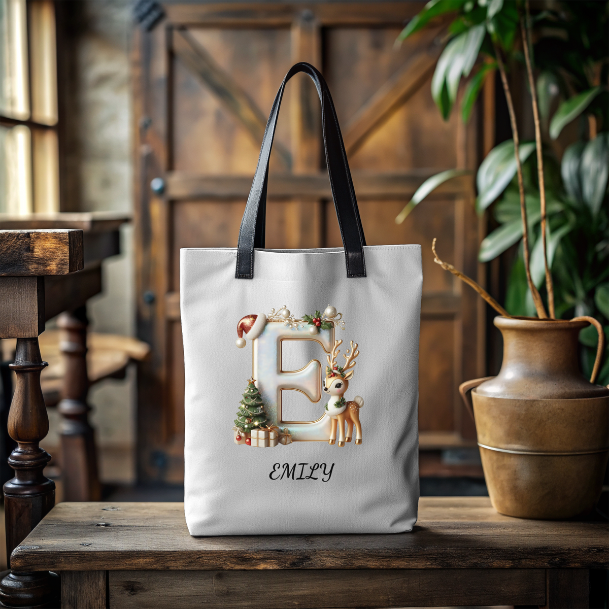 Tote Bag (AOP)Personalized Reindeer Christmas Name Tote Bag – Custom Initial Cotton Canvas Tote, Matching Holiday Group Bag & Reusable Xmas Shopping Tote