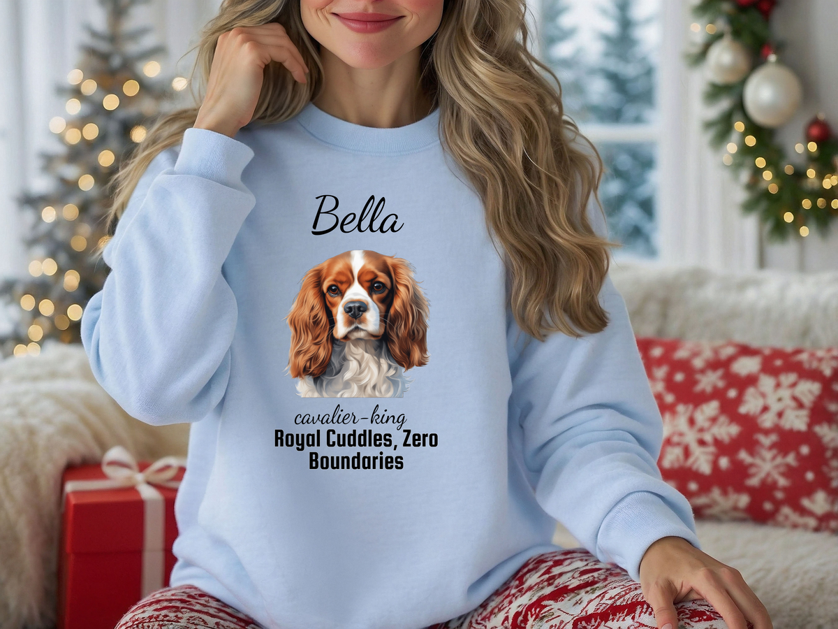 Cavalier King Charles Spaniel Personalized Unisex Sweatshirt – “Royal Cuddles, Zero Boundaries” | Christmas Dog Lover Gift | Custom Pet Gift | Cozy Holiday Sweater