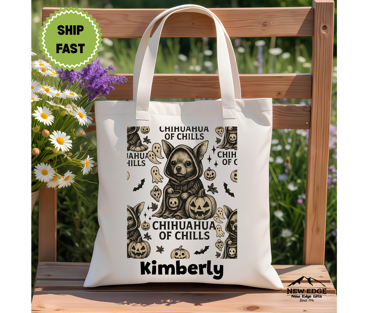 Personalized Halloween Tote Bag – Chihuahua in Hooded Robe with Ghosts, Bats & Skulls, Custom Pumpkin Ghost Cotton Canvas Bag