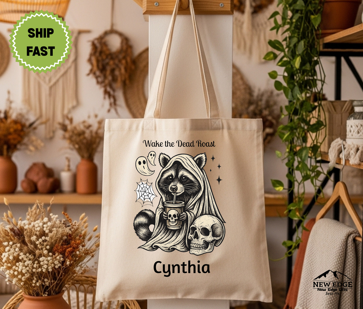 Personalized Halloween Tote Bag – Cute Raccoon in Hooded Robe with Coffee, Ghost, Spiderweb & Skulls, Cotton Canvas Bag