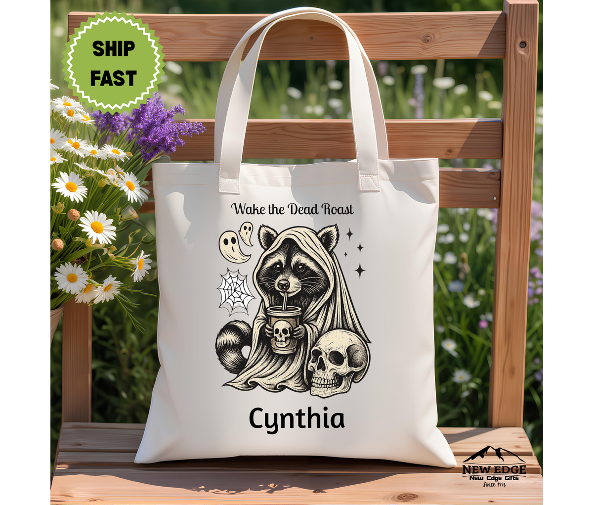 Personalized Halloween Tote Bag – Cute Raccoon in Hooded Robe with Coffee, Ghost, Spiderweb & Skulls, Cotton Canvas Bag