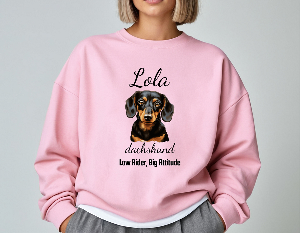 Dachshund “Low Rider, Big Attitude” Personalized Unisex Sweatshirt | Custom Dog Breed Gift for Dog Lovers