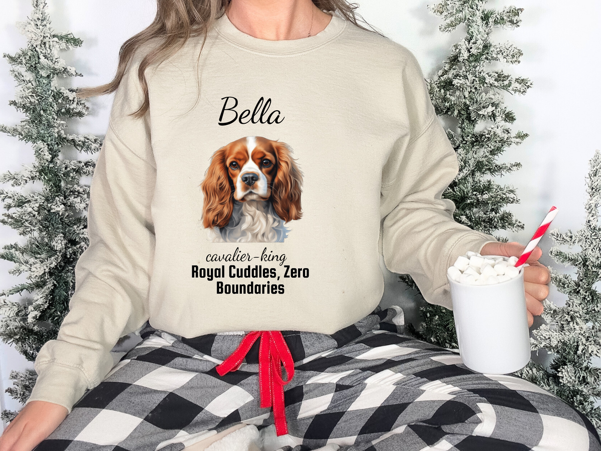 Cavalier King Charles Spaniel Personalized Unisex Sweatshirt – “Royal Cuddles, Zero Boundaries” | Christmas Dog Lover Gift | Custom Pet Gift | Cozy Holiday Sweater