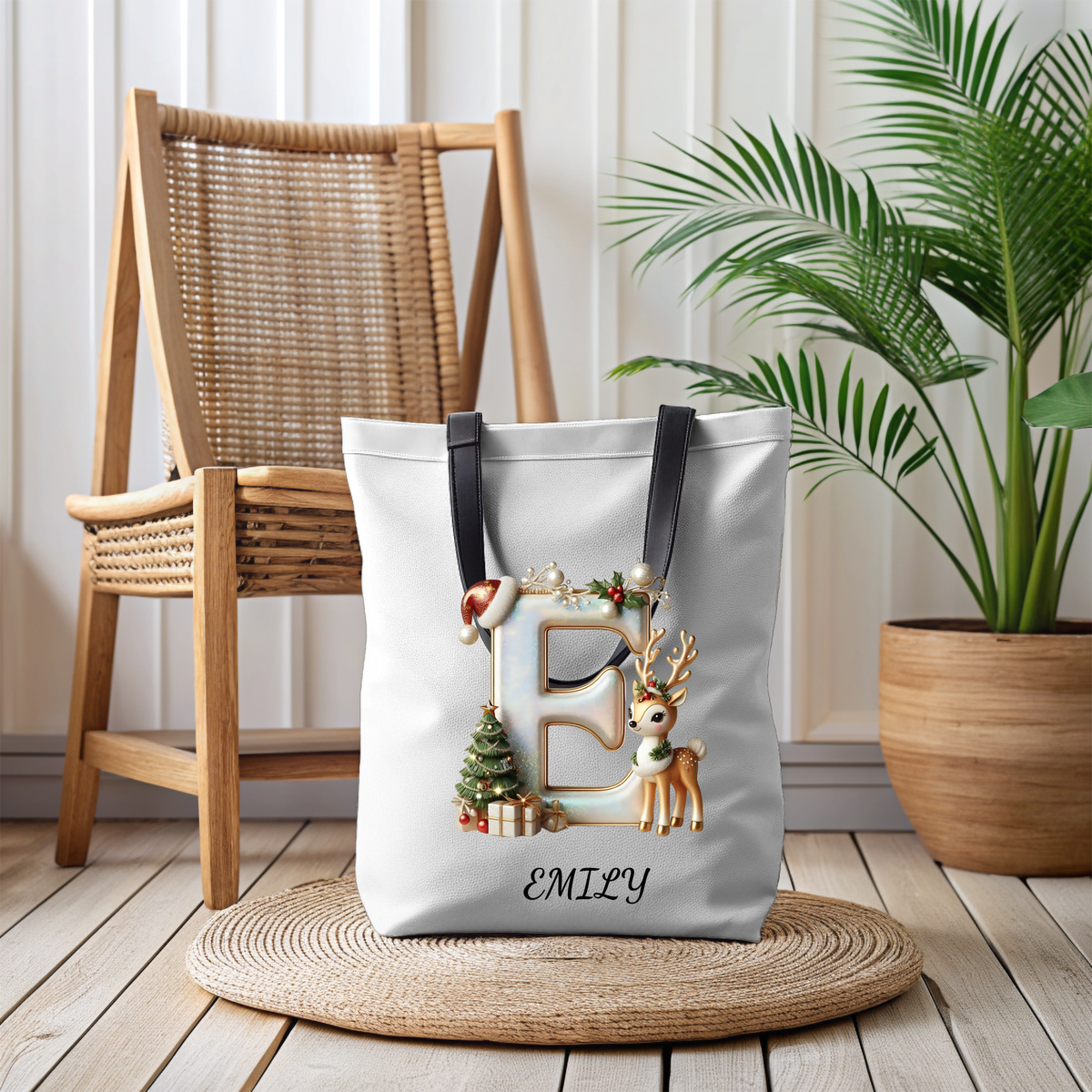 Tote Bag (AOP)Personalized Reindeer Christmas Name Tote Bag – Custom Initial Cotton Canvas Tote, Matching Holiday Group Bag & Reusable Xmas Shopping Tote