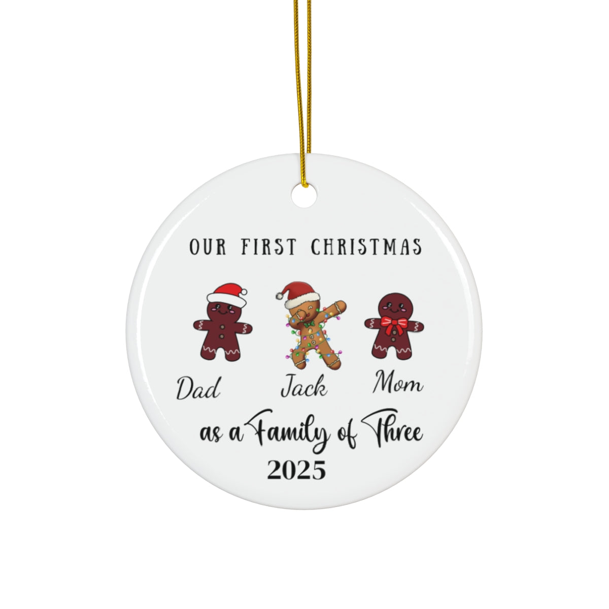 Personalized Family of Three Christmas Ceramic Ornament – Custom Holiday Keepsake