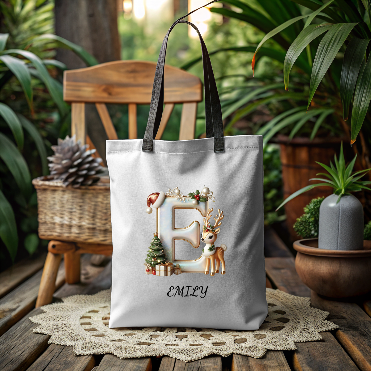 Tote Bag (AOP)Personalized Reindeer Christmas Name Tote Bag – Custom Initial Cotton Canvas Tote, Matching Holiday Group Bag & Reusable Xmas Shopping Tote