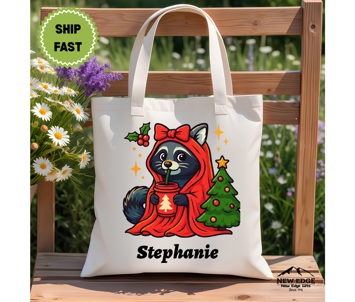 Personalized Christmas Tote Bag – Cute Raccoon in Orange Hooded Robe with Bow by Christmas Tree, Cotton Canvas Shopping Bag