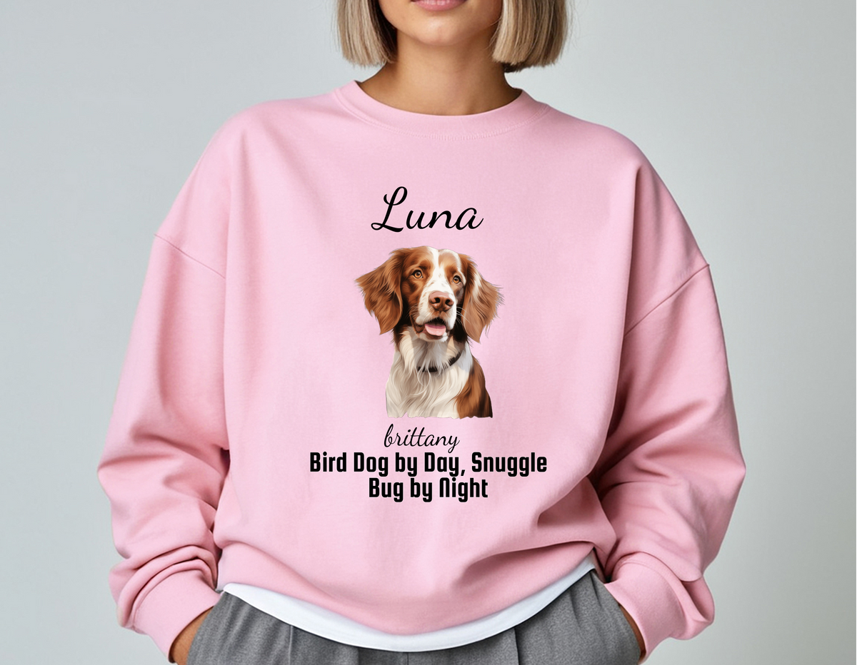 Personalized Brittany Dog Sweatshirt – “Bird Dog by Day, Snuggle Bug by Night” | Custom Unisex Christmas Gift, Funny Dog Lover Sweatshirt, Pet Gift for Him or Her