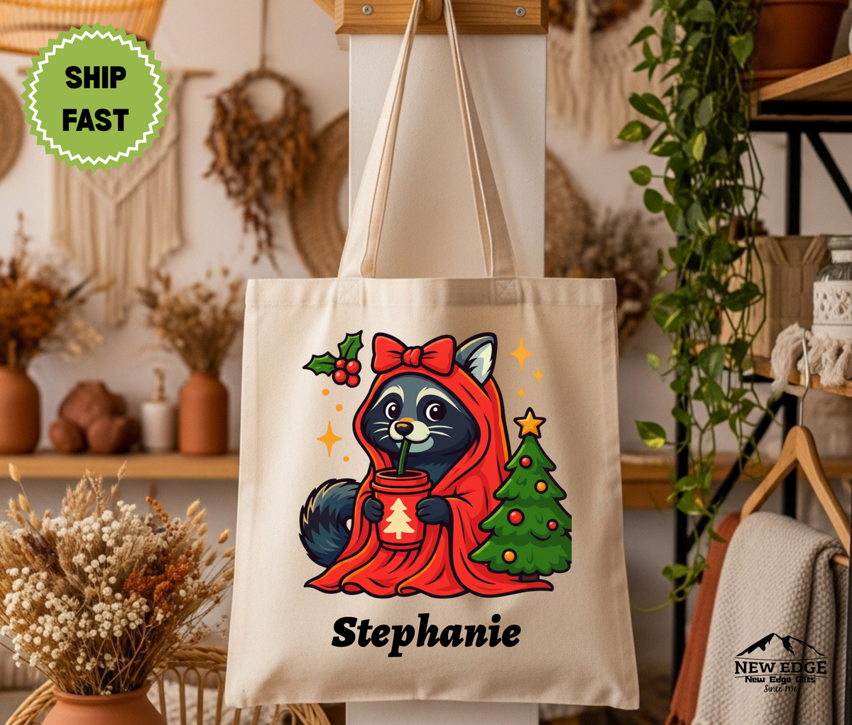 Personalized Christmas Tote Bag – Cute Raccoon in Orange Hooded Robe with Bow by Christmas Tree, Cotton Canvas Shopping Bag