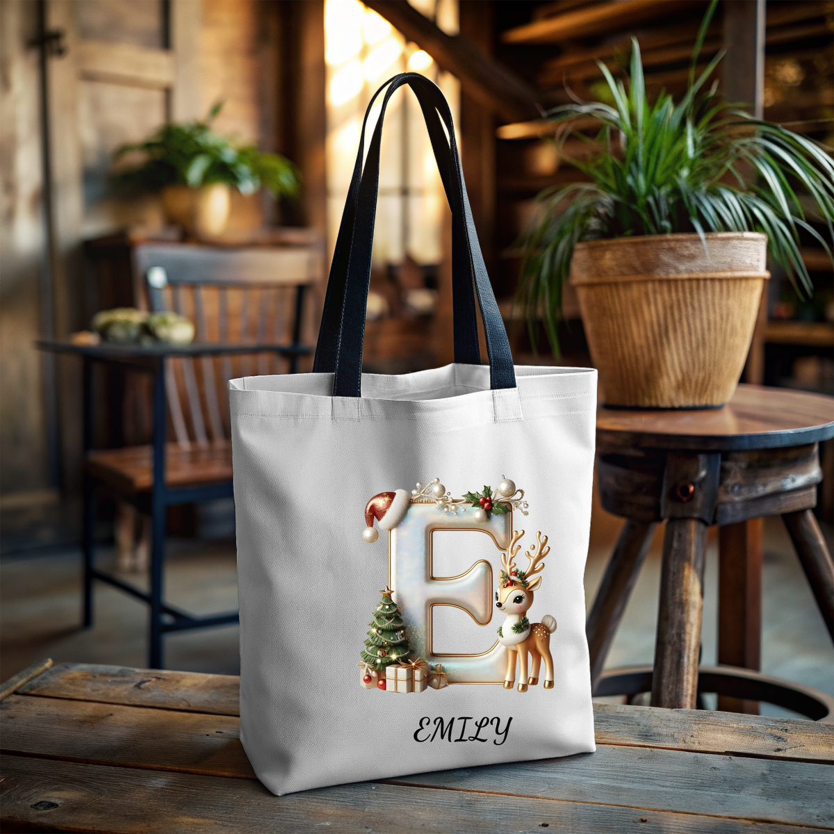 Tote Bag (AOP)Personalized Reindeer Christmas Name Tote Bag – Custom Initial Cotton Canvas Tote, Matching Holiday Group Bag & Reusable Xmas Shopping Tote