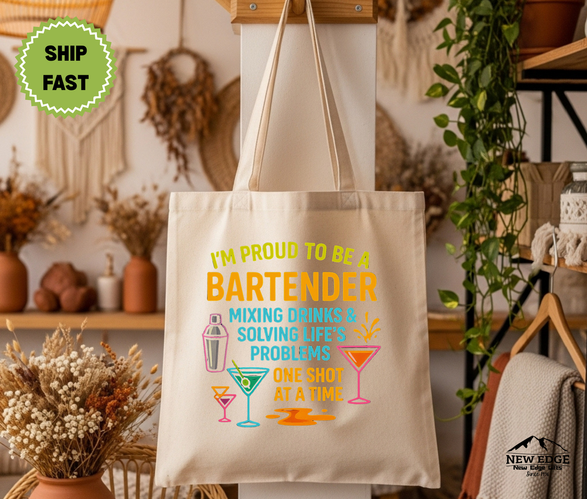 Proud to Be a Bartender Cotton Canvas Tote Bag – “Mixing Memories, One Drink at a Time” | Funny Bartender Gift, Cocktail Lover Bag, Reusable Work Tote
