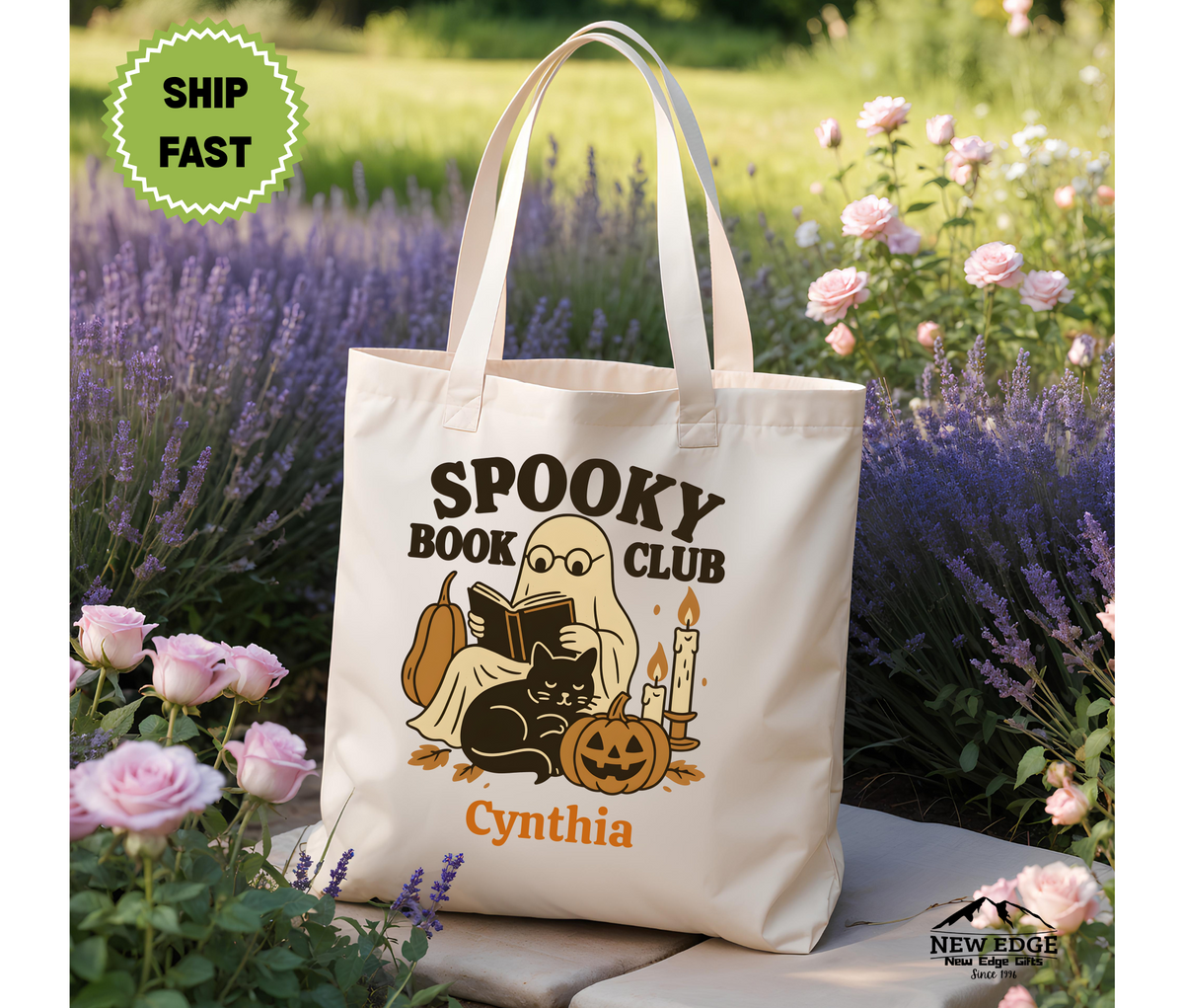 Personalized Halloween Tote Bag – Ghost Reading with Black Cat & Pumpkin, “Spooky Book Club” Slogan, Cotton Canvas Bag