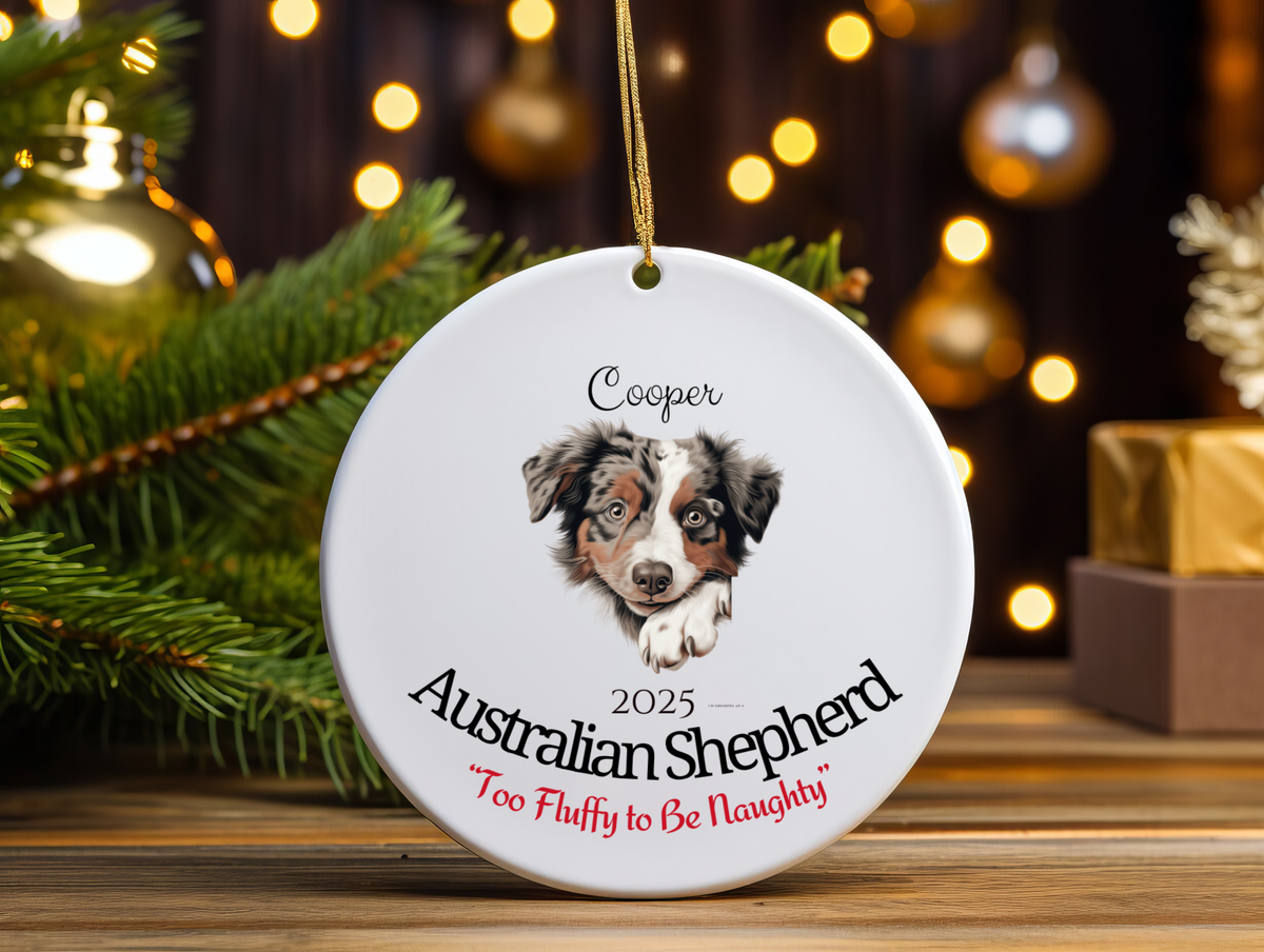 Australian Shepherd “Too Fluffy to Be Naughty” Personalized Pet Ornament with Photo & Name – Funny Custom Dog Christmas Ornament