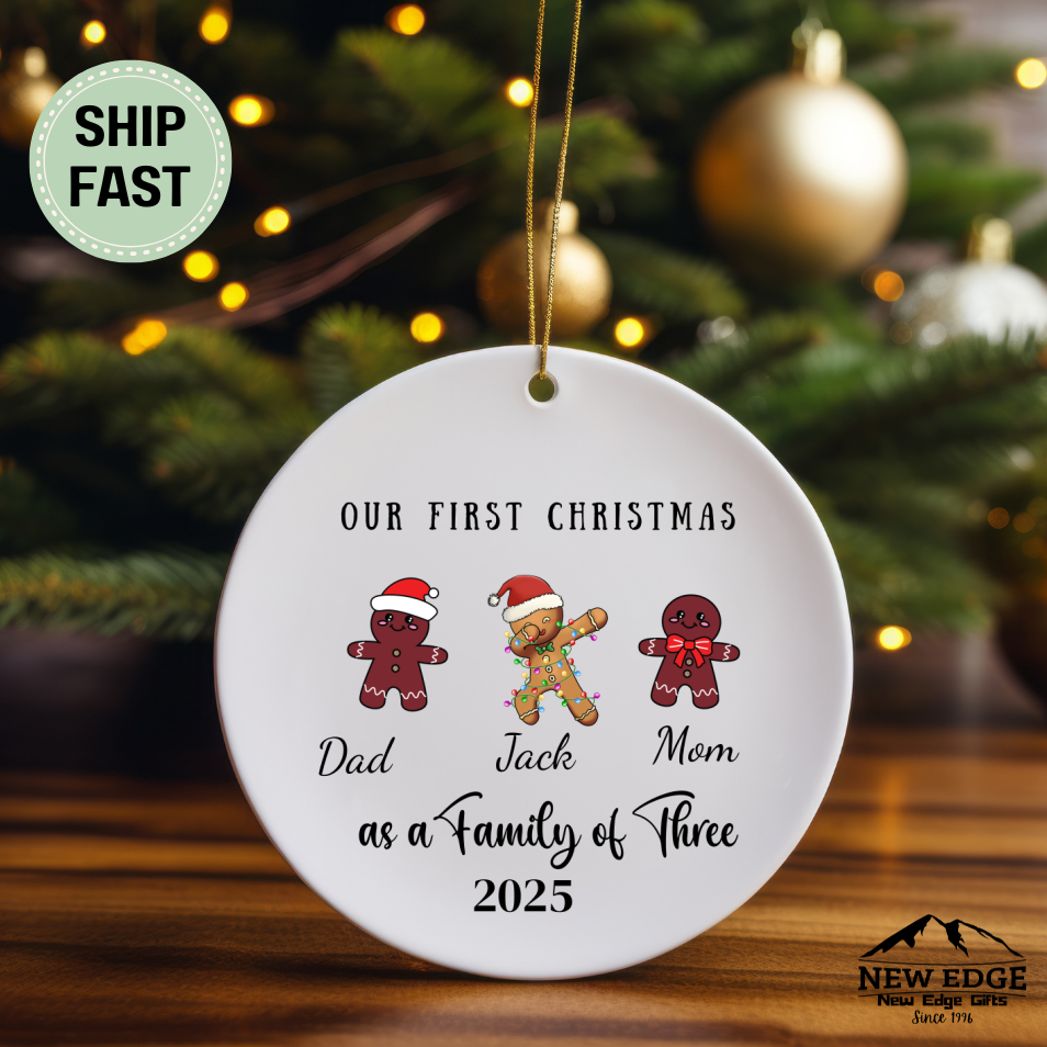 Personalized Family of Three Christmas Ceramic Ornament – Custom Holiday Keepsake